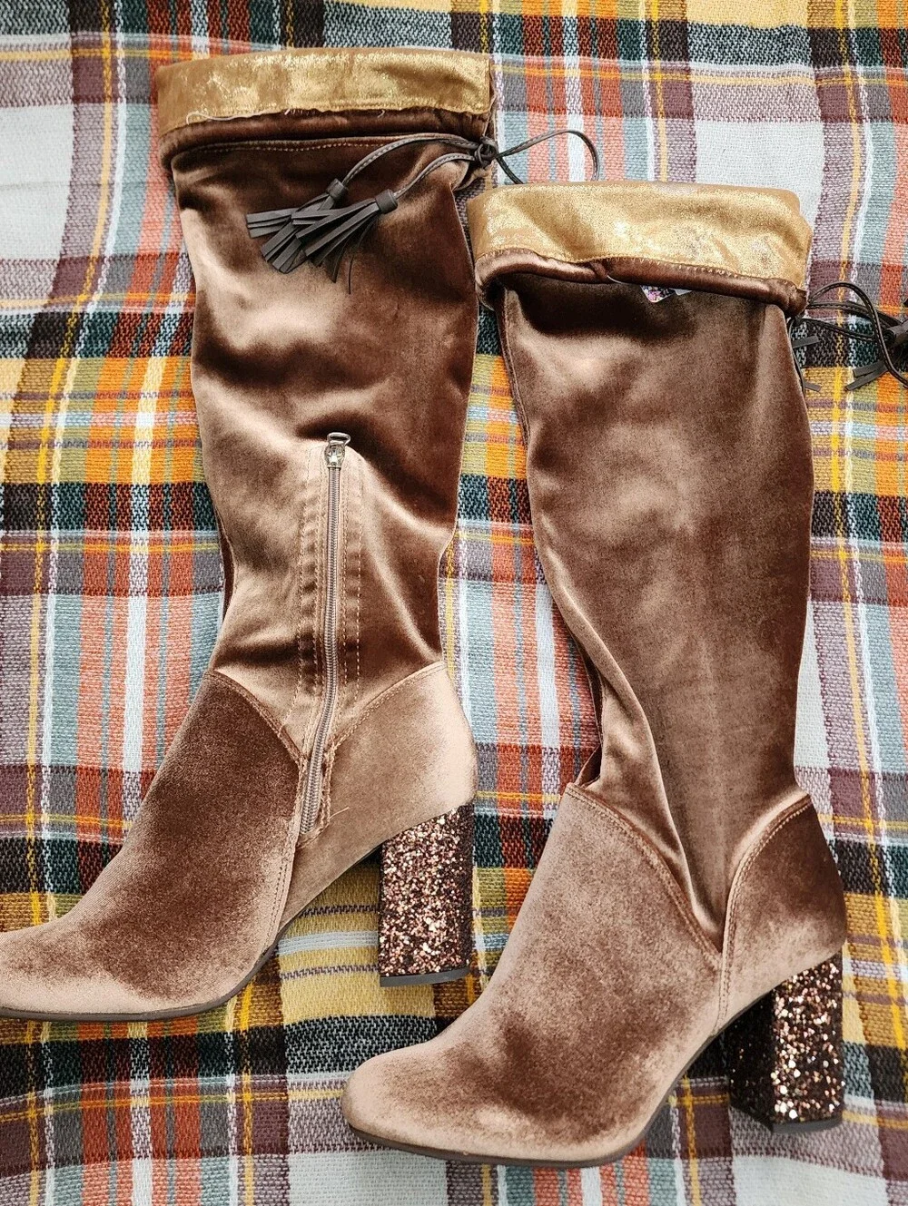 J. Renee Velvet Over The Knee Boots With Tassels And Glitter Block Heel.